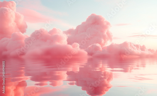 Pink clouds reflecting in a calm, mirror-like water surface. photo