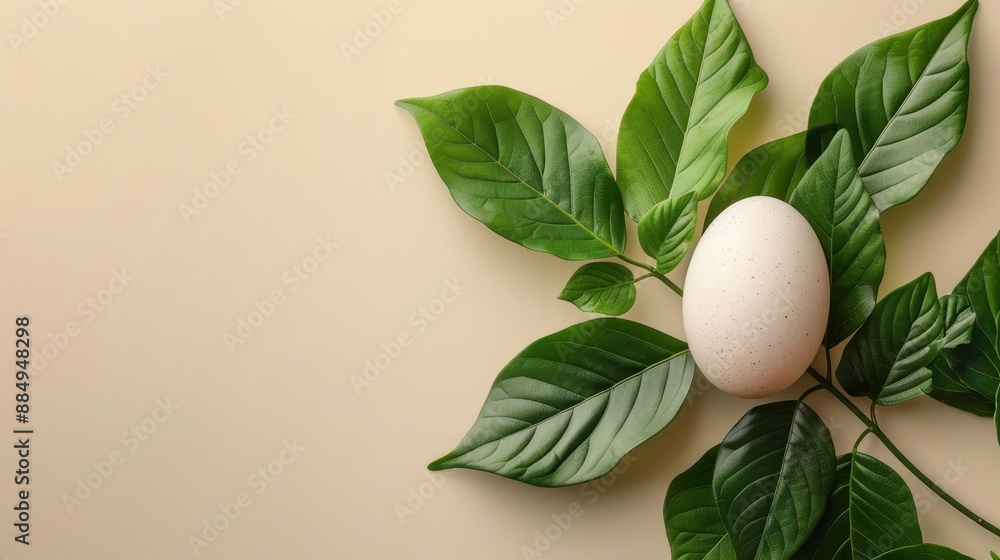 A simple, natural display with a duck egg surrounded by leaves, positioned on the right side of a soft-colored background A simple, natural display with a duck egg surrounded by leaves, positioned on the right side of a soft-colored background