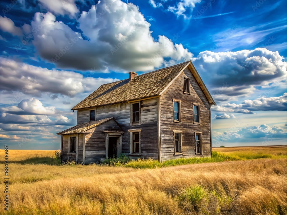 An old abandoned house sits in the middle of a field. Generative AI. An old abandoned house sits in the middle of a field. Generative AI.