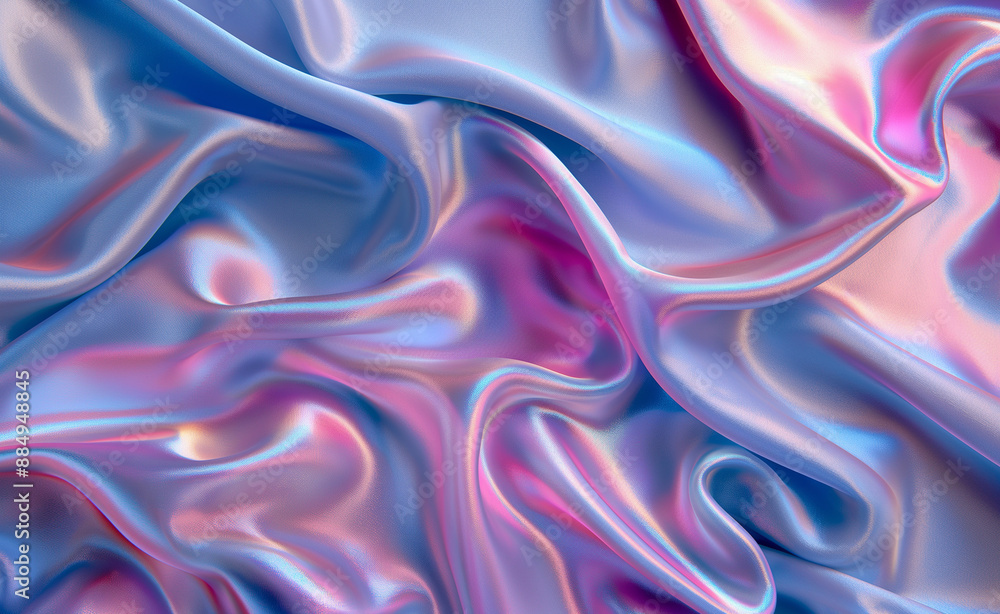 Iridescent silk fabric with pink and blue hues creating smooth, wavy folds. Iridescent silk fabric with pink and blue hues creating smooth, wavy folds.