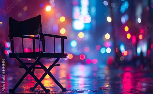 Empty director's chair on a wet cobblestone street at night with city lights.
 photo