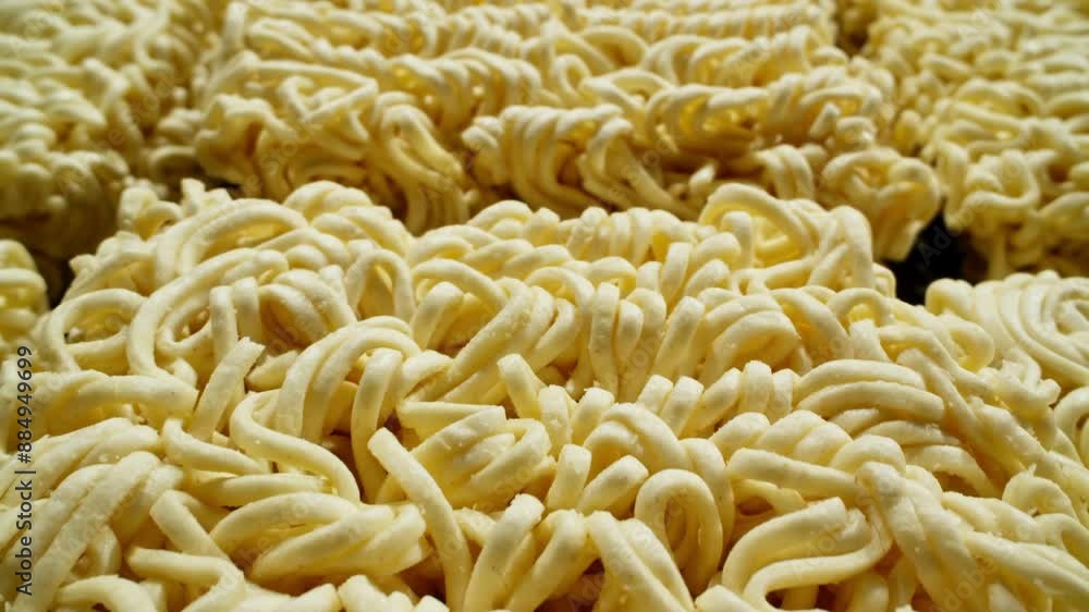 Uncooked instant noodles. Large quantity of instant ramen noodles, showcasing intricate details of dried pasta. Asian fast food. Precooked blocks. Dolly shot with macro probe lens. Close-up in 4K, UHD Uncooked instant noodles. Large quantity of instant ramen noodles, showcasing intricate details of dried pasta. Asian fast food. Precooked blocks. Dolly shot with macro probe lens. Close-up in 4K, UHD