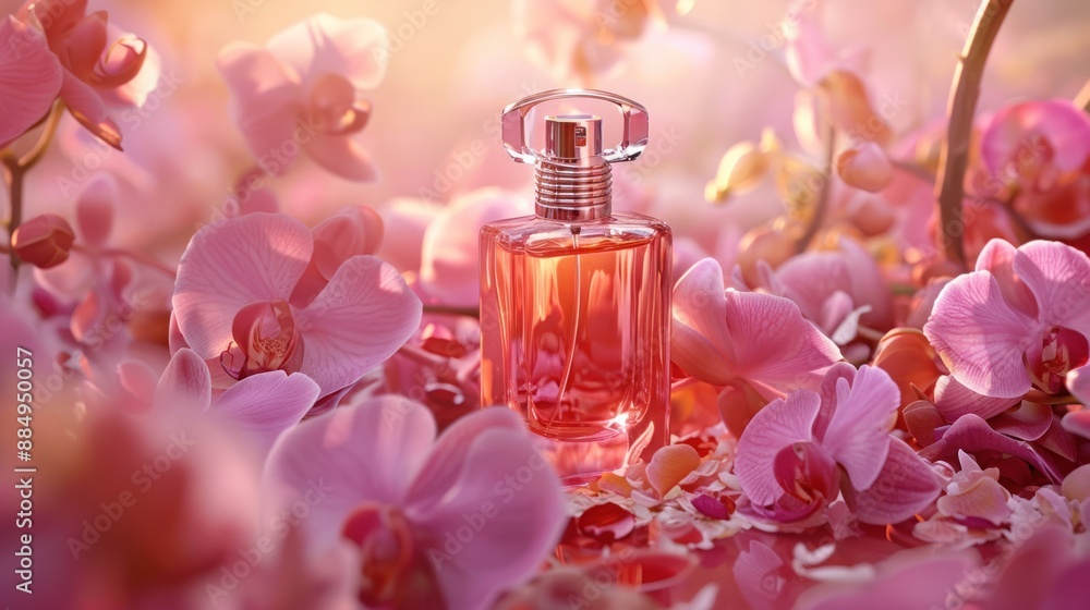 Pink Perfume Bottle Amidst Orchids Pink Perfume Bottle Amidst Orchids