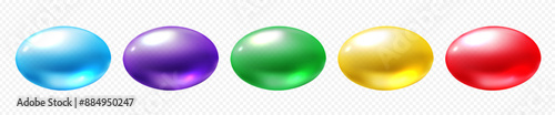 Multicolor liquid oily capsule set template with antibiotic, medical gel, vitamin gel or cosmetic essence isolated on transparent background. Premium vector realistic shiny pill collection