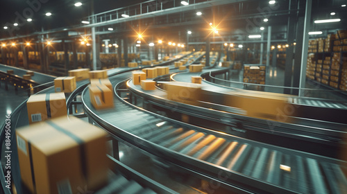 Blurred motion of cardboard boxes on a conveyor belt in a distribution warehouse. photo