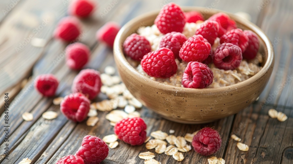 Healthy breakfast image with oatmeal and raspberries on wooden table Healthy breakfast image with oatmeal and raspberries on wooden table