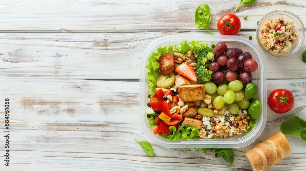 Healthy packed lunch on white wooden table Healthy packed lunch on white wooden table