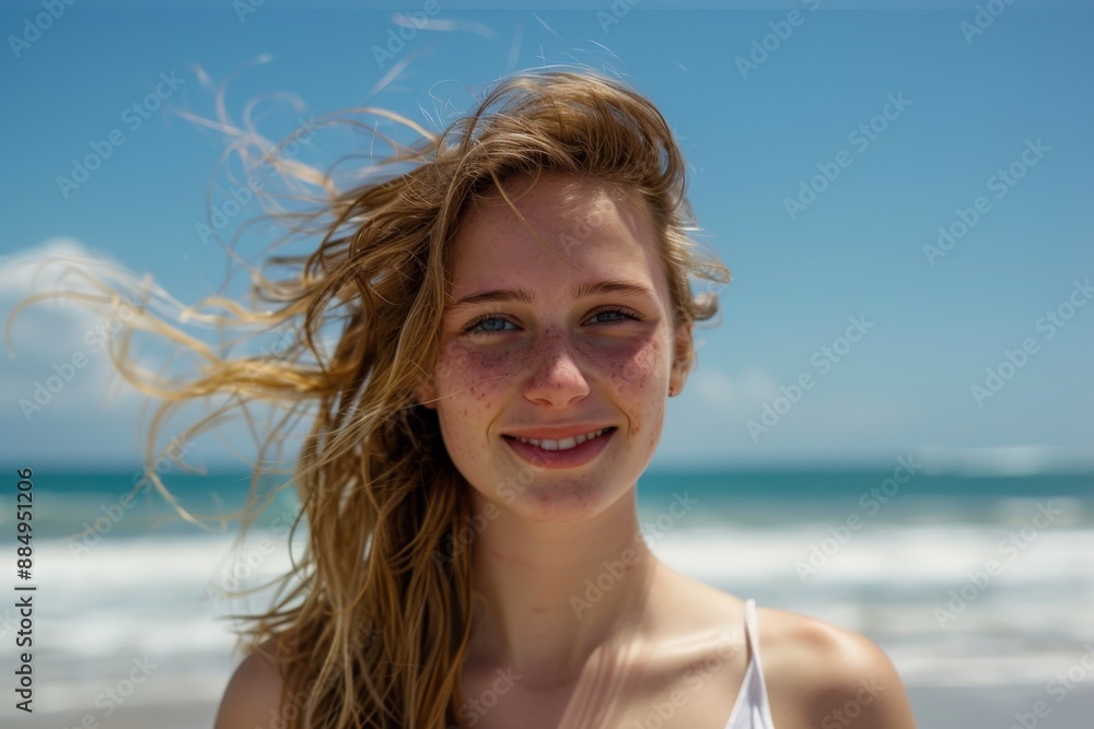 A detailed image of a smiling young woman at the beach, her hair flowing in the breeze, with a vivid blue sea and sky behind her. A detailed image of a smiling young woman at the beach, her hair flowing in the breeze, with a vivid blue sea and sky behind her.