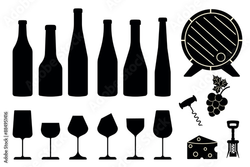 Wineglass and bottle silhouette set. Wine or champagne bottles and glasses liquor alcohol beverages, various shapes. Winemaking alcohol bar, advertisement spirits design for cafe, restaurant vector