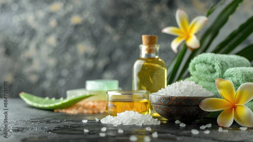 Home spa with aloe vera aromatic oil sea salt and frangipani flower on granite backdrop Home spa with aloe vera aromatic oil sea salt and frangipani flower on granite backdrop