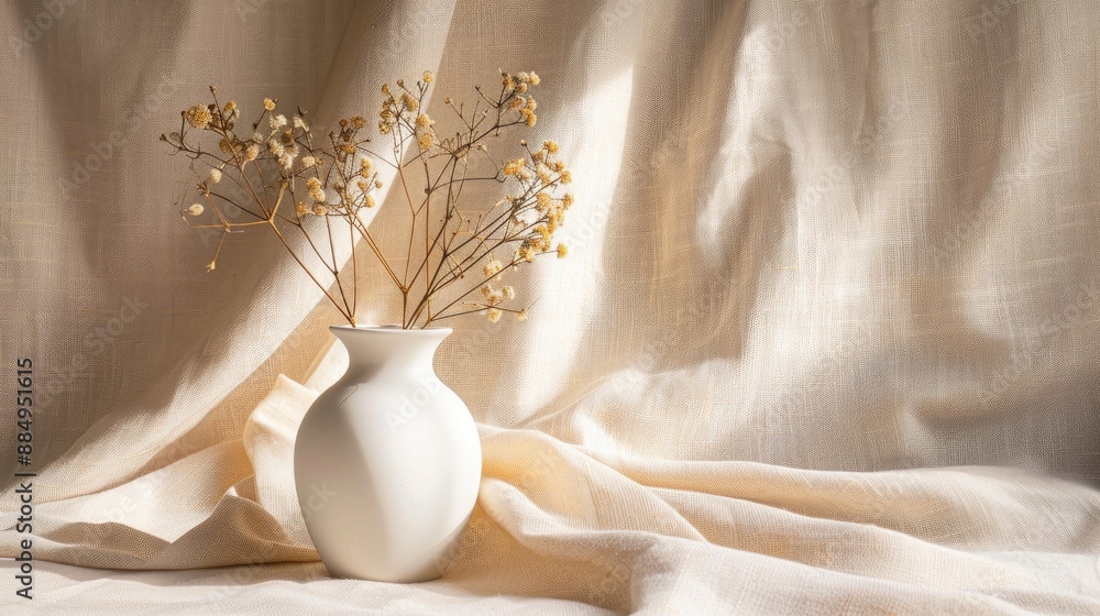 Home room decor with dry flowers in a white vase on beige fabric
