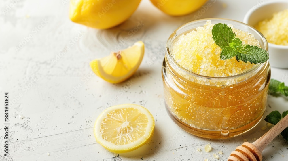 Homemade honey sugar lemon and mint scrub in glass jar for face and body DIY beauty product Top view with space for text Homemade honey sugar lemon and mint scrub in glass jar for face and body DIY beauty product Top view with space for text