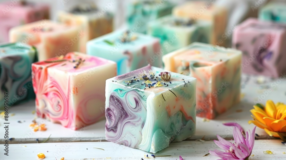 Homemade floral marble soap blocks on white wood Homemade floral marble soap blocks on white wood