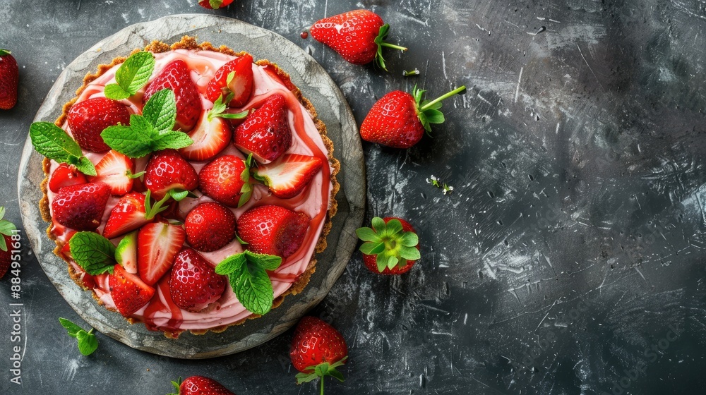 Homemade no bake strawberry mint cheesecake on stone table with copy space Homemade no bake strawberry mint cheesecake on stone table with copy space