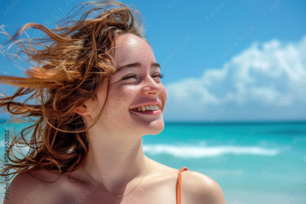 A vibrant portrait of a young woman with wavy hair, smiling at the beach, against a backdrop of a clear blue sky and turquoise sea. A vibrant portrait of a young woman with wavy hair, smiling at the beach, against a backdrop of a clear blue sky and turquoise sea.