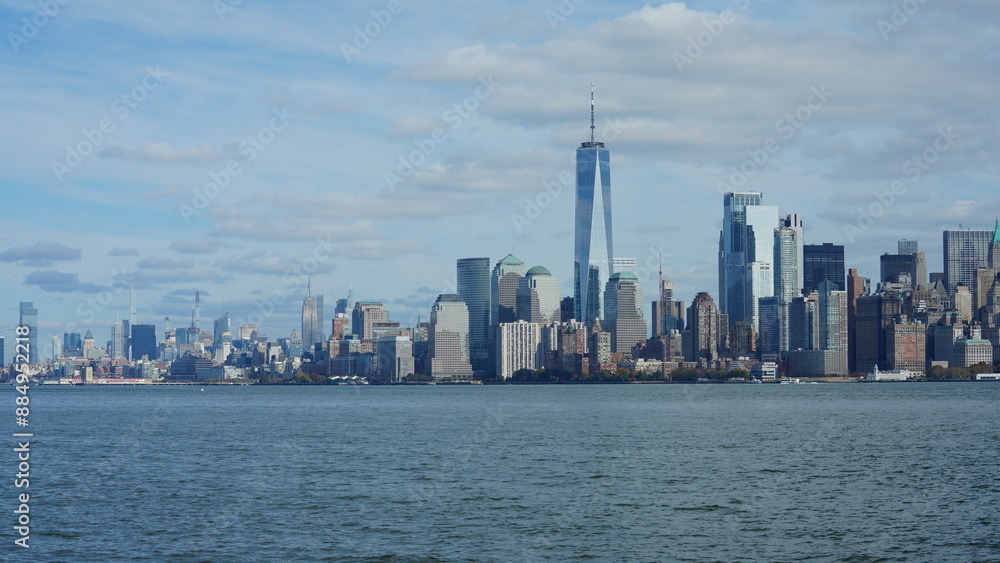 The New York manhattan view from the ferry boat in the sunny day The New York manhattan view from the ferry boat in the sunny day
