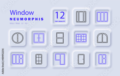 Window set icon. Circular, double pane, casement, sliding, bay, arched, fixed, modern, home, building, architecture, frame, house, design, style, structure, window types, fenestration.