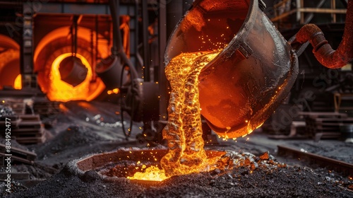 Industrial process involving molten metal pouring from a container photo