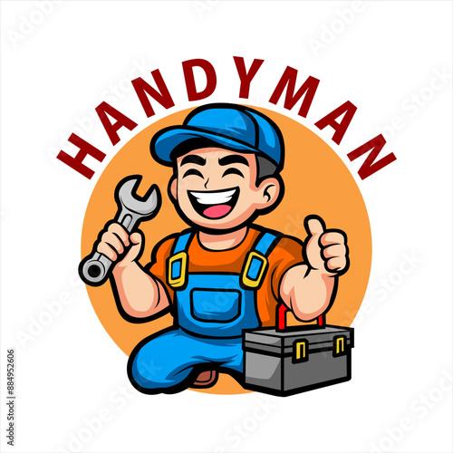 Handyman mechanic service logo template cartoon character vector illustration.