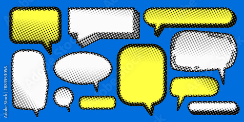 Set of halftone speech bubbles. Modern collage design elements. Newspaper cut out elements. Comic style text boxes. Pixelated speech bubbles
