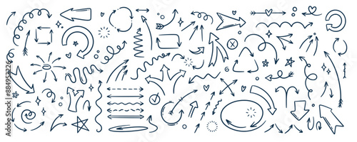 Doodle outline sketch arrow and abstract shapes collection. Hand drawn simple with brush or pen