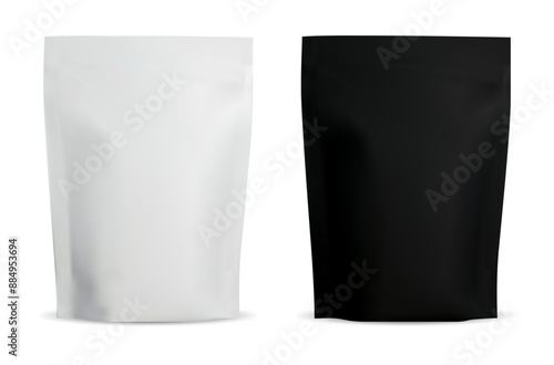 Coffee zipper pouch mockup. Plastic protein bag design. Food snack paper package vector template for supermarket merchandise. Monochrome pillow packaging for flour or snack