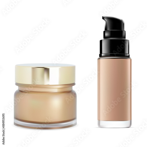 Foundation makeup cosmetic template design. Pump dispenser bottle mockup for skin care product. Face powder jar for premium vector poster. Airless dropper tube for primer