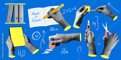 Back to school set. Modern collage with halftone hands holding school supplies. Writing hand. Trendy newspaper elements. Hands holding scissors, stationery knife, pencil sharpener, tablet, eraser