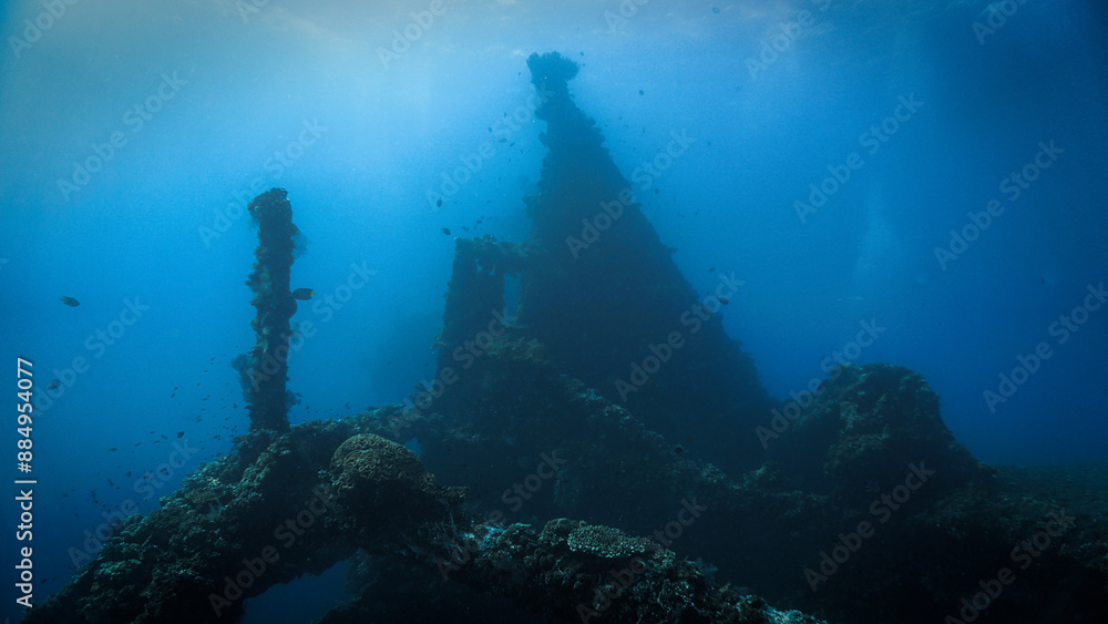 Fototapeta premium Underwater photo of the USS Liberty shipwreck from World War Two, WWII. From a scuba dive in Bali, Indonesia, Asia