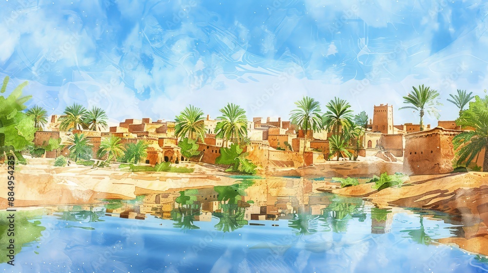 Fototapeta premium Ancient desert oasis town with mud brick architecture reflected in a clear blue water body under a bright sky, ideal for travel promotion.