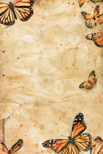 watercolor vintage scrapbook junk journal page, copy space in center, watercolor clipart of Monarch Butterflies at corner border on parchment paper, vintage art, for Junk Journal, Digital Paper