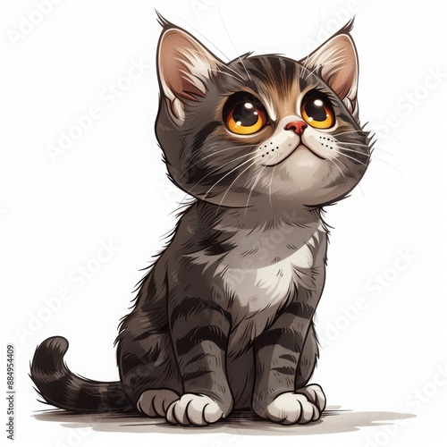 An adorable American Shorthair cat in a sitting position, illustrated in a cute cartoon vector style, isolated on a white background