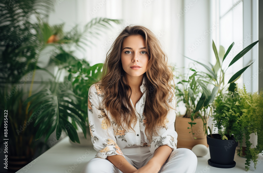 Beautiful Woman Sitting Indoors Surrounded By Green Plants And Natural Light In Serene Setting Beautiful Woman Sitting Indoors Surrounded By Green Plants And Natural Light In Serene Setting