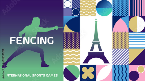 International sports games fencing, poster background. Banner of Paris summer world sports competition