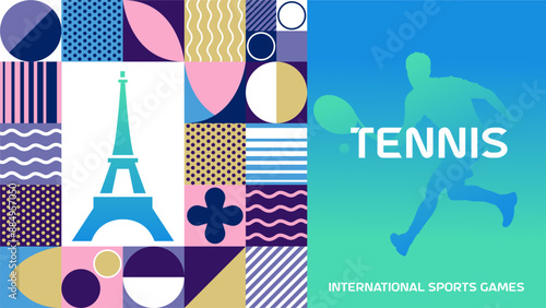 International sports games tennis poster background. Banner of Paris summer world sports competition