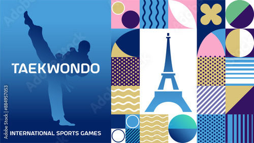 International sports games taekwondo poster background. Banner of Paris summer world sports competition