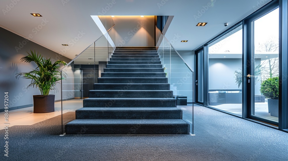 Modern luxurious staircase with glass railings and elegant decor Modern luxurious staircase with glass railings and elegant decor