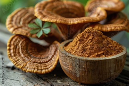 Reishi or lingzhi mushroom and powder on natural background.