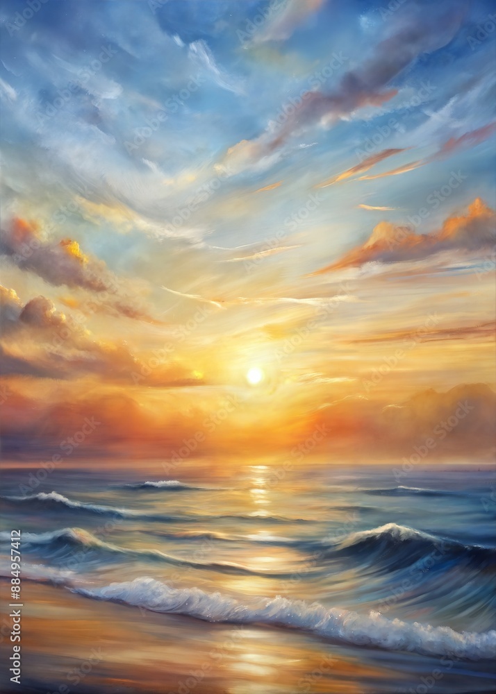Watercolor painting of a sunset over the ocean with gentle waves and a colorful sky, evoking tranquility.
Watercolor painting of a sunset over the ocean with gentle waves and a colorful sky, evoking tranquility.