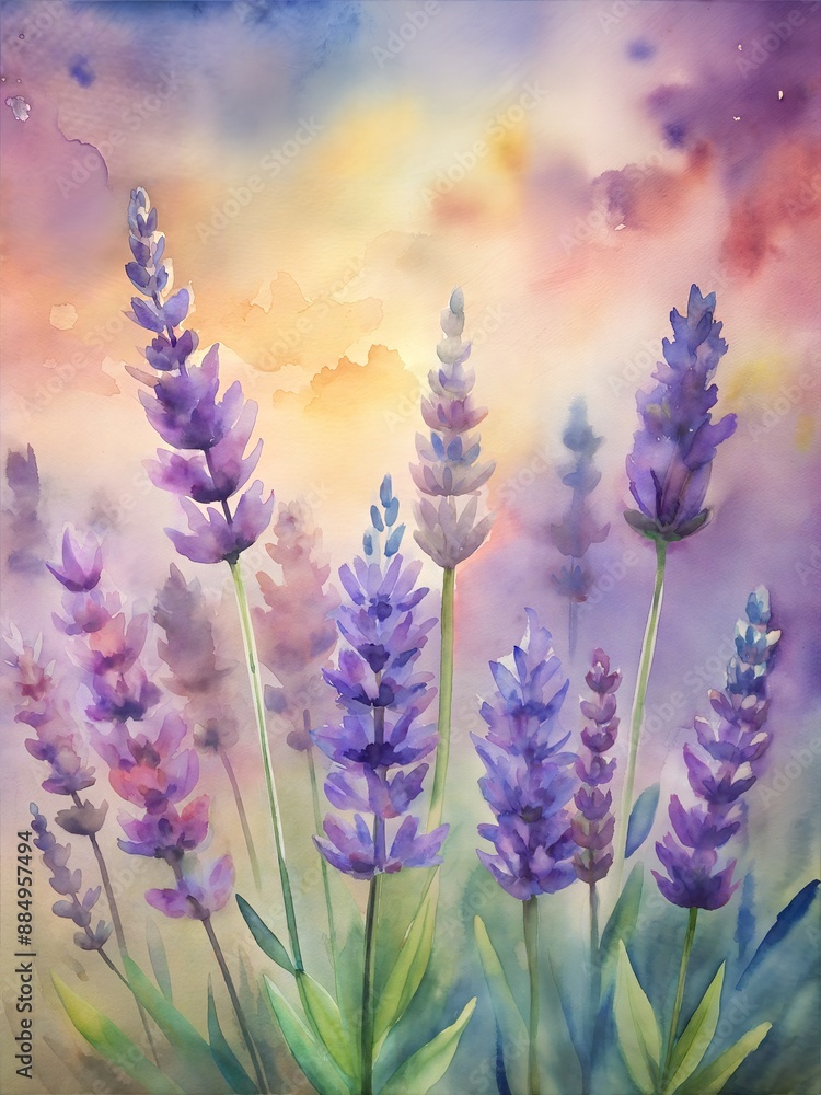 Obraz premium Dreamy watercolor painting of lavender flowers in shades of purple with green stems and leaves, set against a soft, colorful background, evoking a sense of tranquility and beauty. 