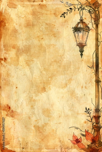 watercolor vintage scrapbook junk journal page, copy space in center, watercolor clipart of road lamp at corner border on parchment paper, vintage art, for Junk Journal, Digital Paper, Printable 