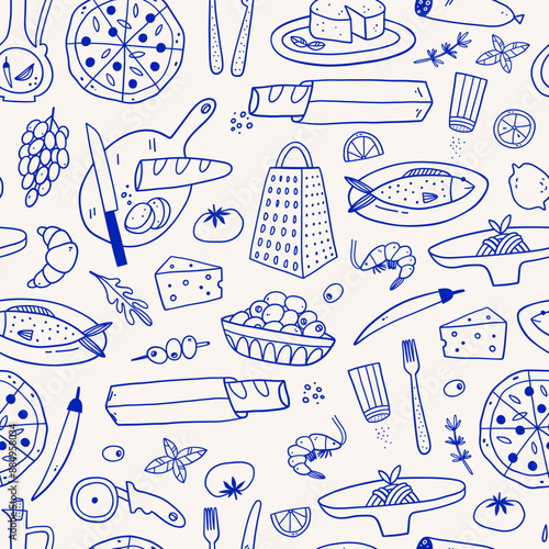 Mediterranean Cuisine Seamless Pattern. Hand Drawn Food Background for Menu design.