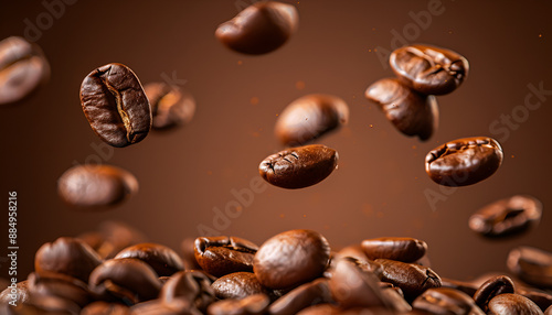 Roasted coffee beans falling on heap against brown background, closeup