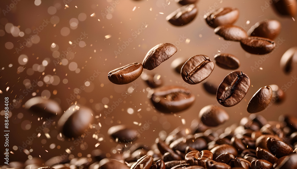 Roasted coffee beans falling on heap against brown background, closeup Roasted coffee beans falling on heap against brown background, closeup