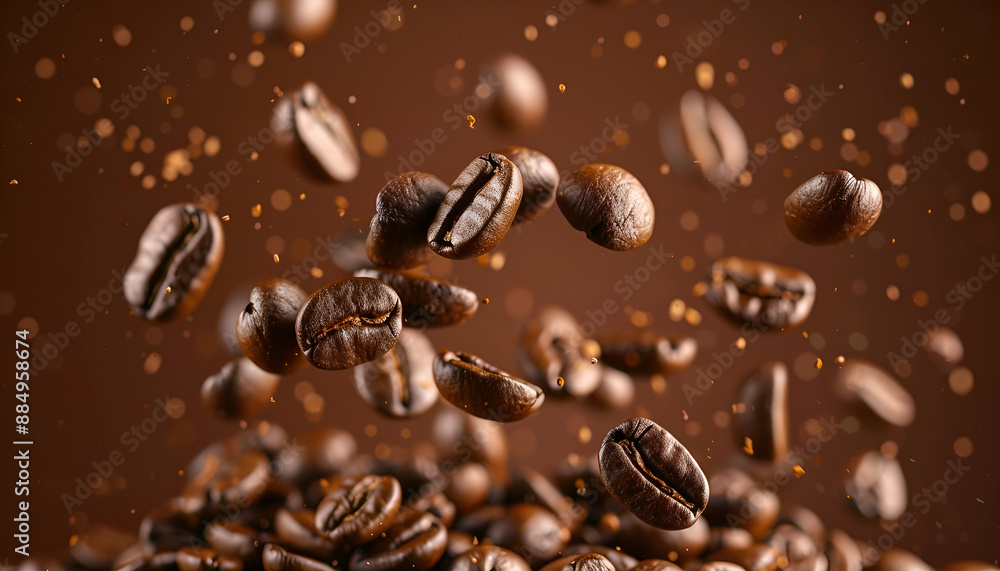 Roasted coffee beans falling on heap against brown background, closeup Roasted coffee beans falling on heap against brown background, closeup