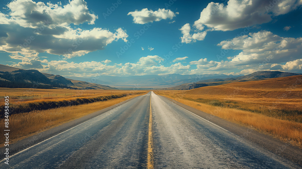 Open road through golden fields under a dramatic clouded sky. Open road through golden fields under a dramatic clouded sky.