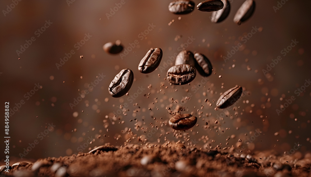 Roasted coffee beans falling on heap against brown background, closeup Roasted coffee beans falling on heap against brown background, closeup