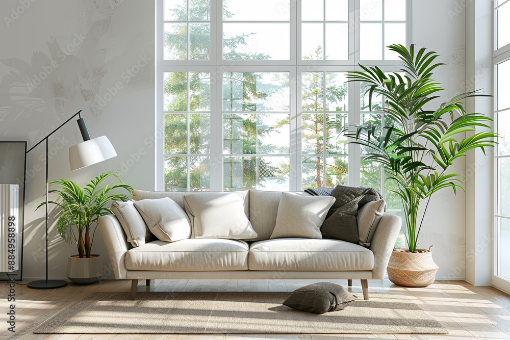 A modern living room interior with a sofa created with Generative AI A modern living room interior with a sofa created with Generative AI