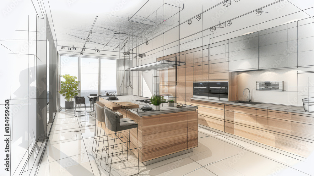 Naklejka premium Architectural design concept blending a modern kitchen layout with a detailed sketch. Features a spacious island and sleek appliances.