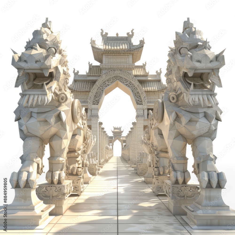 3D Render, Low Poly style of mythical creature statues lining a palace courtyard, on isolated white background, Generative AI 3D Render, Low Poly style of mythical creature statues lining a palace courtyard, on isolated white background, Generative AI